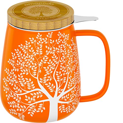 Amapodo Tazza Da Tè Con Coperchio E Colino - Tazza Da Tè In Porcellana Grande 600Ml - Tazza Jumbo - Set Di Tazze Xxl Arancione - Senza Plastica