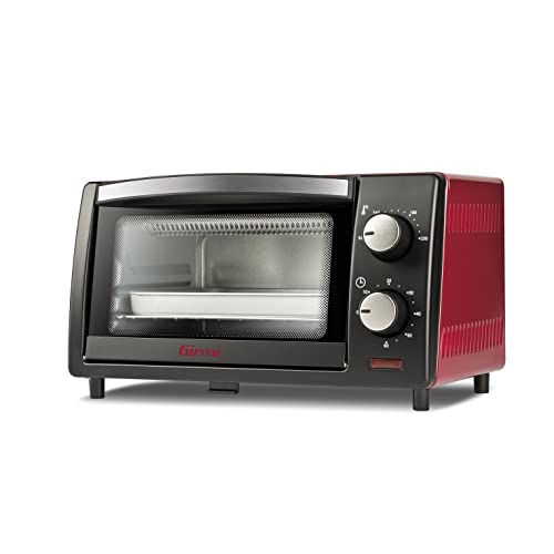 Girmi Fe10 Forno Elettrico, 800 W, 10 Litri, Griglia Inox, Termostato Regolabile, Timer 60 Min, Accesori Inclusi, Nero/Rosso