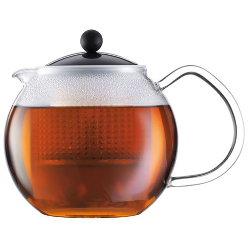 Bodum 1830-01-Teiera Con Impugnatura In Vetro E Coperchio Colorato, 1 L, Nero, 1,0 L