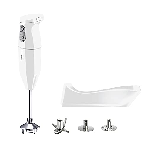 Bamix Frullatore A Immersione Cordless Plus, Base Di Ricarica, Lama, Frusta, Frullino In Acciaio, 250 Watt, 3 Velocità, Made In Switzerland, Bianco