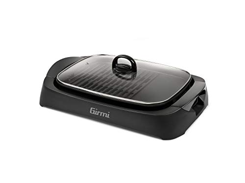 Girmi Bq90 Griglia & Barbecue, 2200W, Coperchio In Vetro Temperato, Smokeless, Petra Vera, Regolazione Temperatura, Vassoio Raccogli Grasso,Nero