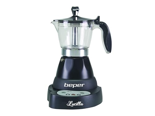 Beper Bc.041N Caffettiera Elettrica Lucilla In Alluminio, Timer Programmabile Fino A 24 Ore, Moka Elettrica 3 Tazze, Mantiene Il Caffè Caldo Per 30 Mi