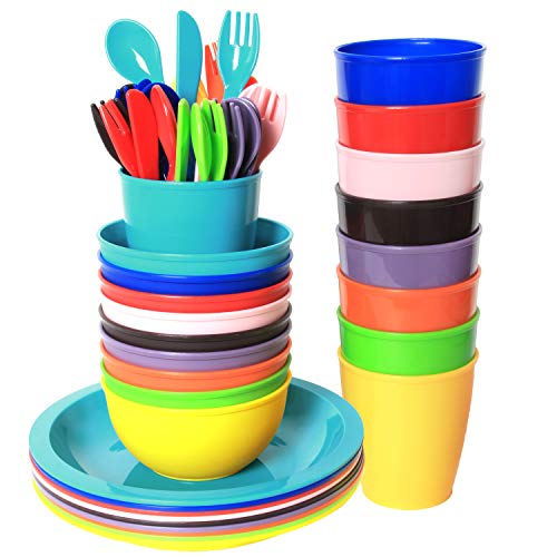 Youngever 54 Pezzi 9 Set Posate Di Plastica Per Bambini In 9 Colori Assortiti, Set Da Pranzo Per Bambini, Tazze, Piatti Per Bambini, Ciotole Per Bambi