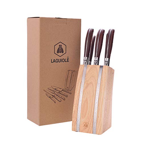 Laguiole - Blocco Di 5 Utensili - Manici In Legno Pakka - Coltello Da Carne, Coltello Da Pane, Spelucchino, Forchetta Da Carne, Affilatrice - Blocco I