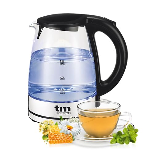 Tm Electron Tmpkt014 Bollitore Elettrico Da 1,4 Litri Di Capacità, 2200 W, Realizzato In Vetro Borosilicato E Acciaio, Termostato Strix, Luce Led Blu