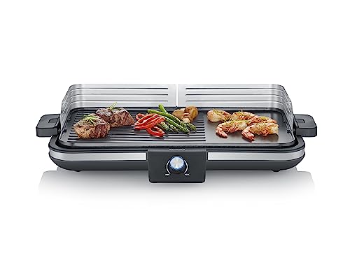 Severin Pg 8564 Barbecue Plancha Per Carne, Pesce E Verdura, Barbecue Da Tavolo Da 2300W Pronto A Grigliare In Pochi Minuti, Grill Antiaderente Con Su