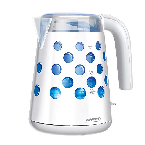 Mpm Mcz-86 Bollitore Elettrico 1,7 L, Contenitore In Plastica Bpa, Senza Filo A 360°, Spegnimento Automatico, Illuminazione Interna, 2200W, Bianco, 1.