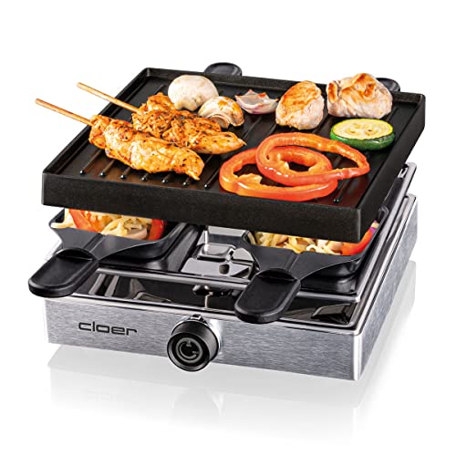 Cloer 6454 Griglia Raclette Con Piastra In Alluminio Pressofuso, 750 W, 4 Padelle Antiaderenti Per Raclette, Spatola In Plastica, Parcheggio Non Risca