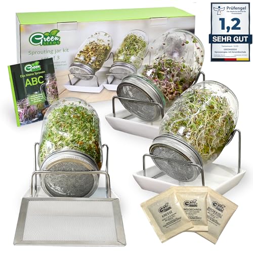 Green Seeds Set Di Vasetti Di Germogli Da 3 X 1000Ml Con Coperchio A Griglia In Acciaio Inox Di Alta Qualità, Supporto, Ciotola In Ceramica + Germogli