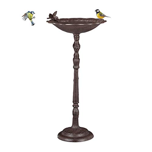 Relaxdays Grande Fontana Per Uccelli, A Colonna, Da Giardino, Vaschetta Per Uccelli Selvatici, H 74,5 Cm, Marrone