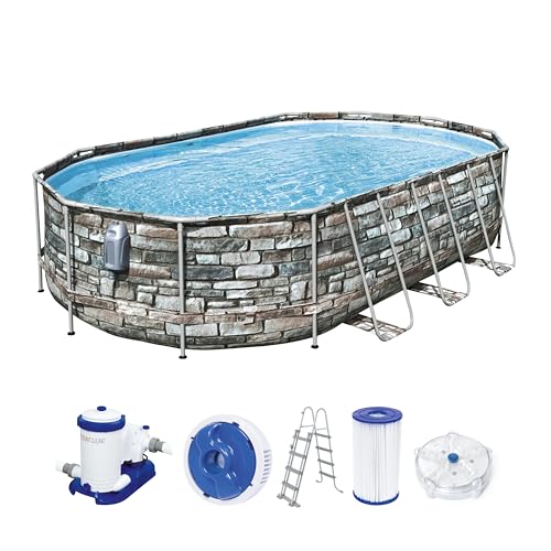 Bestway Power Steel Comfort Jet Series Frame, Set Per Piscina Con Pompa Filtrante, 610 X 366 X 122 Cm, Effetto Pietra Naturale