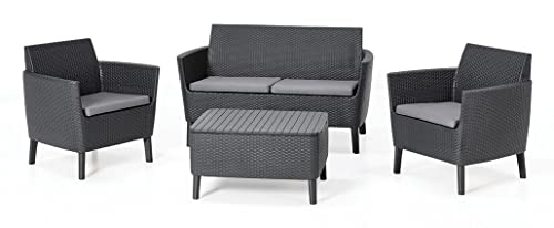 Keter Salemo Lounge Set, Set Mobili Da Giardino In Rattan Con Divano 2 Posti 2 Poltrone E Tavolino Porta Cuscini, Grafite