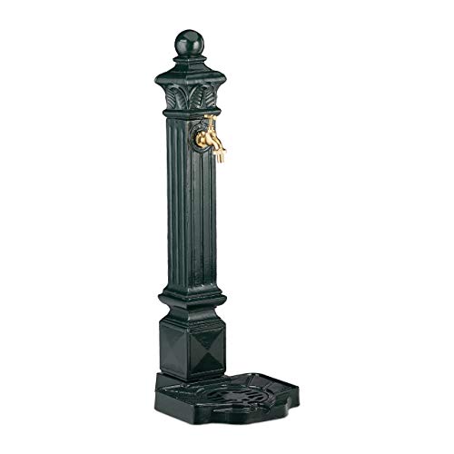 Relaxdays Fontana A Colonna, Giardino, Terrazza, Stile Antico, Rubinetto, Vaschetta, Hxlxp: 80X28X32 Cm, Verde Scuro