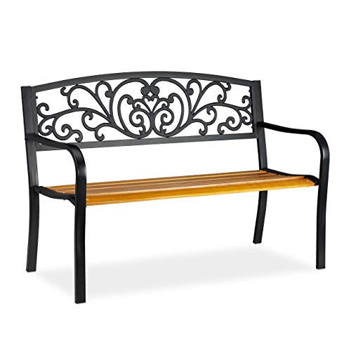 Relaxdays Panchina Da Giardino, Arredo Da Esterno In Legno & Metallo, Design Rustico, Hlp: 86,5X127X59 Cm, Marrone/Nero, Acciaio, Legno, Colata, 1 Pz