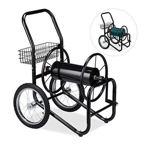 Relaxdays Carrello Avvolgitubo, Con 2 Ruote, Attacco Da 1/2 E 3/4 Pollici, Per Tubi Lunghi Fino A 90 M, In Metallo, Nero