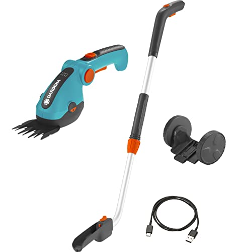 Gardena Set Forbici A Batteria Per Erba Comfortcut Li: Forbici Per Prato E Manico Telescopico Con Ruote, Impugnatura Comoda Inclinabile Con Indicatore
