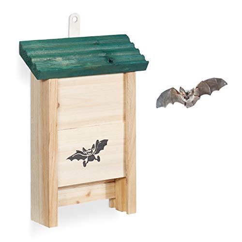 Relaxdays Casetta Per Pipistrelli, Nido Per Pipistrellini, Bat Box, Legno Non Trattato, Hlp 25,5X18X6 Cm, Naturale/Verde