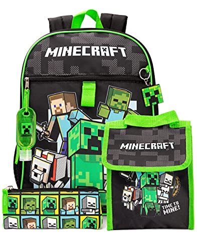 Minecraft Zaino E Scatola Per Il Pranzo Per Bambini, Zaino Scolastico, 5 Pezzi, Taglia Unica, Nero, Taglia Unica, Nero, Taille Unique