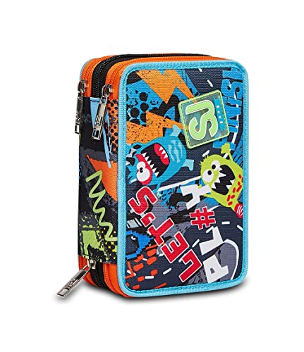 Sj Gang, Astuccio Scuola 3 Zip, Rushpack, Multicolore - Attrezzato Con Matite, Pennarelli, Portapenne Scuola Bambino