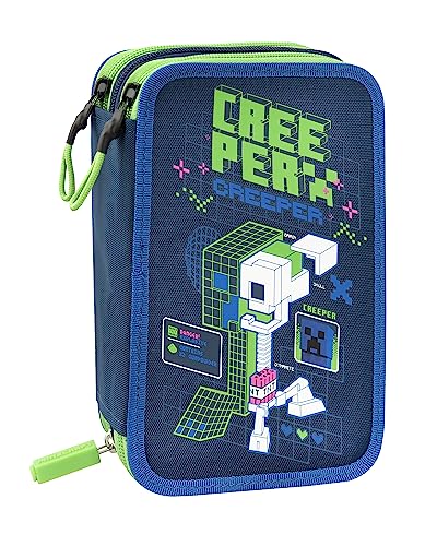 Minecraft - Astuccio 3 Scomparti Bambina E Bambino Con Cancelleria Scuola Integrata E Vani Portapenne + Penna Cancellabile Frixion - Astuccio Scuola O