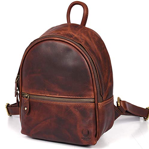 Corno D´Oro Zaino Vintage Piccolo In Vera Pelle Da Donna, Zainetto Da Giorno E Sera Con Cerniere, Marrone Scuro