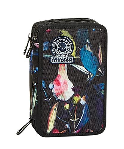 Invicta Astuccio Scuola 3 Zip, Nero Fantasia, Wildflowers, Triplo Scomparto Accesoriato Con Penne, Matite E Pennarelli, Accessori Zaino, Scuola, Bambi