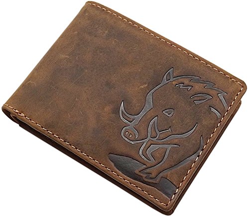 Pelle Die Bufalo Portafoglio Con Cinghiale Motivo In Formato Orizzontale Con Blocco Rfid & Nfc In Marrone (Modello 2 / Formato Orizzontale)