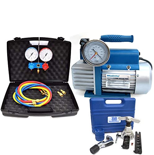 Pompa Vuoto 42 Lt + Set Manometrico A 2 Vie + Cartellatrice A Frizione