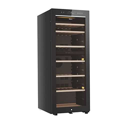Haier Hws77Gdau1 Cantinetta Vino Refrigerata, 77 Bottiglie, Luci A Led E Vetro Anti Uv, Ripiani In Legno, 49,7X58,5X127 Cm, Classe G, Nero [Classe Di