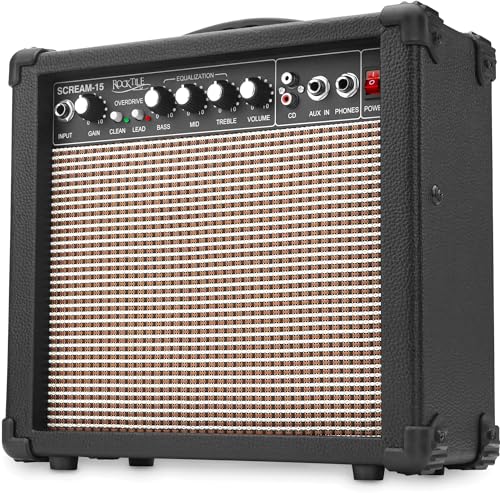 Rocktile Scream 15 Amplificatore Per Chitarra - Mini Combo Amplificatore Da 15 Watt, 2 Canali - Portatile, Ingresso Aux Per Mp3/Cd, Equalizzatore A 3
