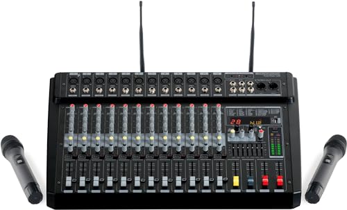Pronomic Powermake 1200 - Mixer Attivo A 12 Canali Dj - 2 Microfoni Wireless Uhf - 760 Watt Di Potenza Rms - Processore Multieffetto 24 Bit - Lettore/