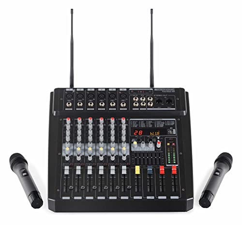 Pronomic Powermake 600 - Mixer Attivo A 6 Canali Dj - 2 Microfoni Wireless Uhf - 760 Watt Di Potenza Rms - Processore Multieffetto 24 Bit - Lettore/Re