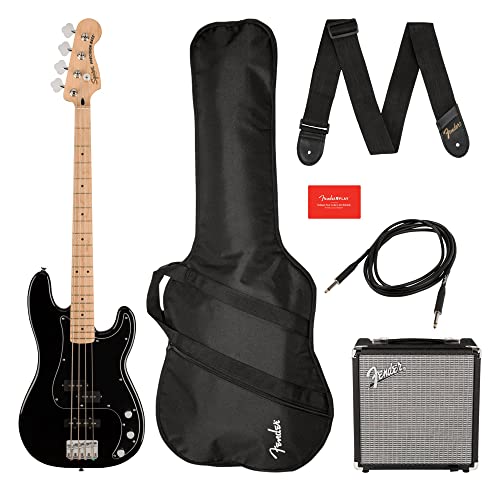 Squier - Set Basso Elettrico Modello Affinity Precision Pj, Manico In Acero, Colore Nero, Con Custodia Grande E Amplificatore Rumble 15