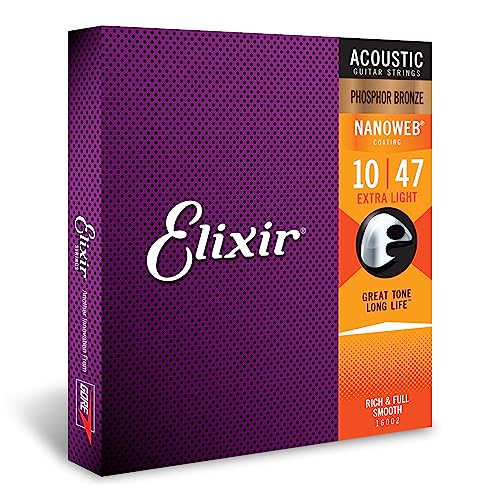 Corde Per Chitarra Acustica Bronzo Fosforoso Elixir Strings Con Rivestimento Nanoweb, Extra Light (.010-.047)