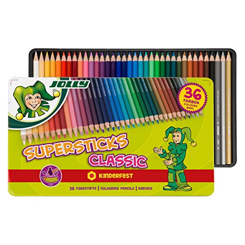 Matite Colorate Jolly Supersticks Kids Fest, Matite Colorate Infrangibili E Non Tossiche, 36 Penne, Scatola Di Metallo, Alta Qualità, Forma Di Matita