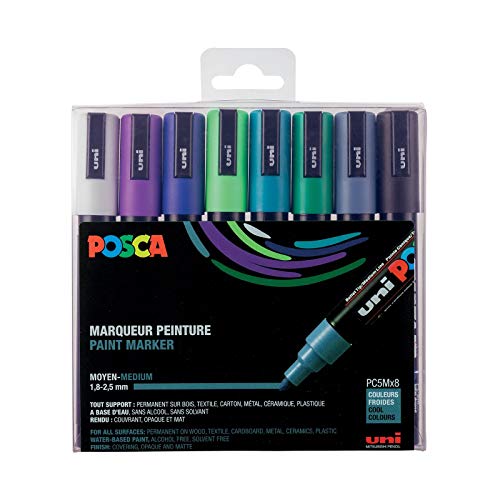 Mitsubishi Pencil, 8 Pennarelli Posca Pc5M, Punta Conica, Colori Freddi, A Punta Media, Per Pittura A Base D'Acqua Per Tutte Le Superfici, Per Carta,