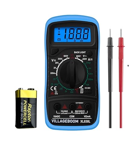 Villageboom Tester Multimetro Digitale Con Retroilluminazione Lcd - Corrente, Tensione Ca/Cc, Resistenza, Continuità, Diodi, Ecc., Blu, Con Batteria D