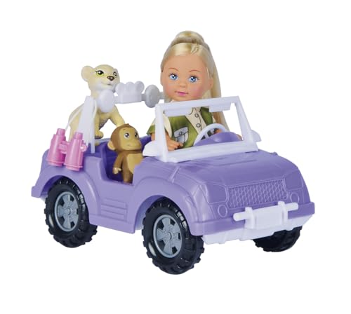 Simba 105733648 Evi Love - Bambola Da Gioco In Dolce Abbigliamento Safari Con Jeep, Zaino, Baby-Affe, Leone, Binocolo, 12 Cm, Dai 3 Anni In Su