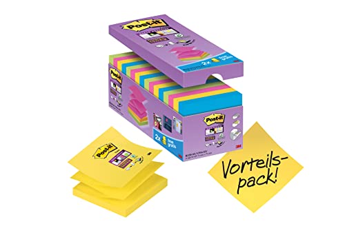 Post-It Foglietti Super Sticky Z-Notes, Pacchetto Convenienza Da 14 Blocchetti + 2 Gratis, 90 Fogli/Blocco, 76 Mm X 76 Mm, Colori Verde, Giallo, Rosa,