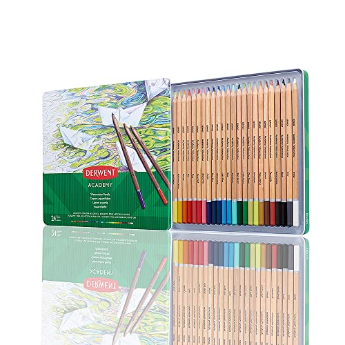 Derwent Academy Set Di 24 Matite Colorate Acquerellabili Sfumabili In Custodia Di Metallo, Utilizzabili Sia Da Asciutte Che Da Bagnate, Adatte A Color