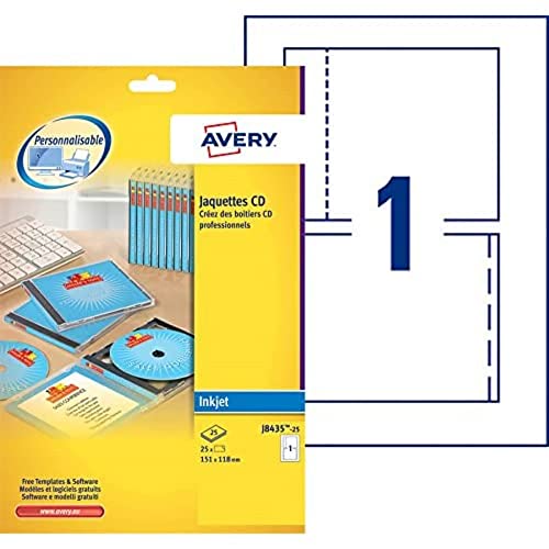Avery Italia J8435-25 Copertine Cd Fronte/Retro, Stampanti Inkjet, 25 Fogli, 151 X 121, Bianco