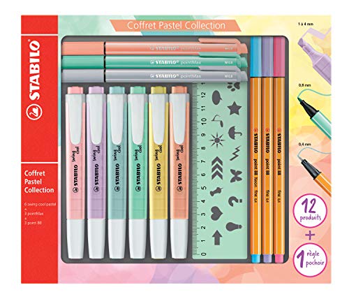 Set Creativo - Stabilo Pastel Collection Set - Confezione Mista 13 Pezzi: 6 Swing Cool Pastel, 3 Point 88, 3 Pointmax, 1 Righello Stencil