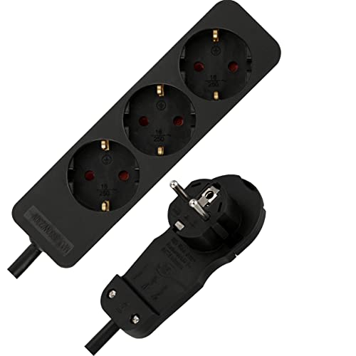 Rev Ciabatta Elettrica Smart – Multipresa 3 Prese Con Spina Piatta – Ideale Per L'Uso Dietro Mobili, Cavo 2 M, Max. 3680 W, Nero
