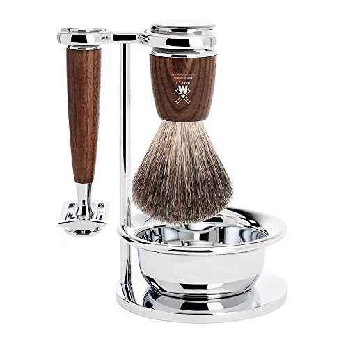 Mühle – Set Da Barba Con Ciotola – Serie Rytmo – Puro Pelo Di Tasso – Rasoio – Legno Di Frassino Scuro
