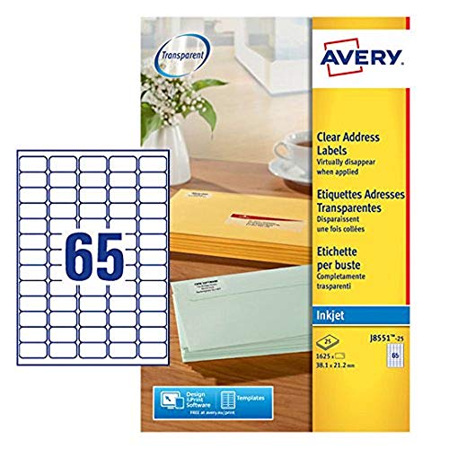 Avery Italia J8551-25 Mini Etichette, 65 Pezzi Per Foglio, 25 Fogli, 38.1 X 21.2, Trasparente