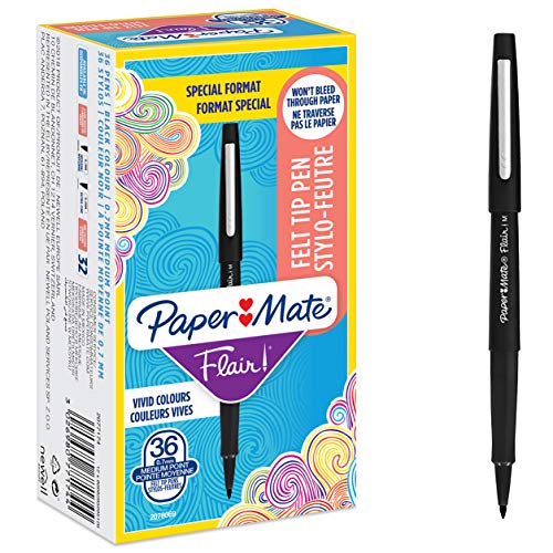 Papermate Flair Nylon Penna Con Punta Sintetica, Punta Media Da 0.7 Mm, Scatola Da 36, Nero