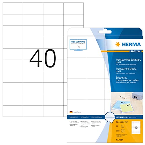 Herma Etichette Per Marcatura, 52,5 X 29,7 Mm, Etichette Adesive A4 Per Stampante, 40 Etichette Per Foglio, Trasparente