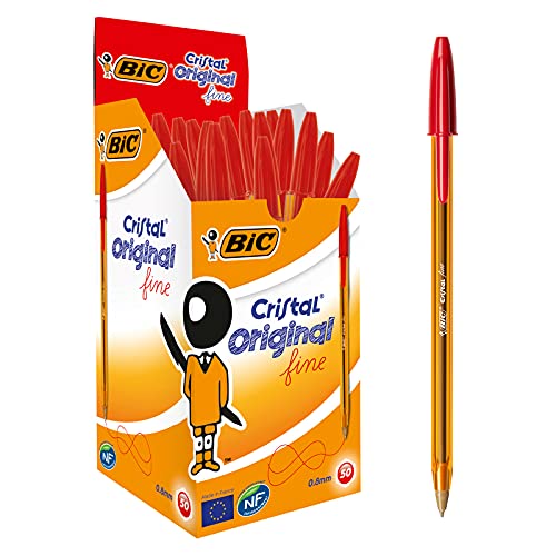 Bic Cristal Original Fine, Penne Rosse A Sfera, Punta Media (0.8 Mm), Confezione Da 50, Fornitura Per Cancelleria Scuola, Ufficio E Business
