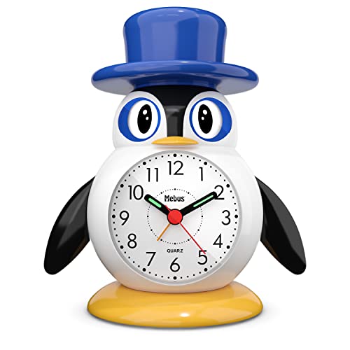 Mebus Kleiner Kinderwecker Mit Quarzuhrwerk, Beleuchtung Und Schlummerfunktion, Öffnet Und Schließt Die Augen, Leuchtzeiger/Motiv: Pinguin/Modell: 265