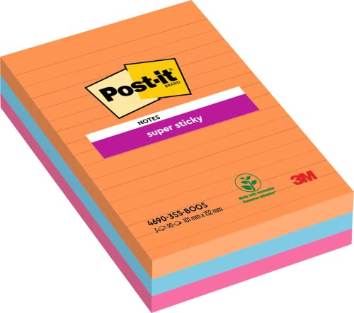 Post-It Super Sticky Grandi Formati, Collezione Boost, A Righe, 101 Mm X 152 Mm, 90 Fogli/Blocchetto, 3 Blocchetti/Confezione